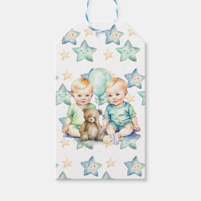 Blue Green Twin Baby Boys Babydusche oder New Baby Geschenkanhänger (Vorderseite)