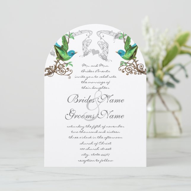 Blue & Green Vintage Birds Wedding Invitation (Debout devant)