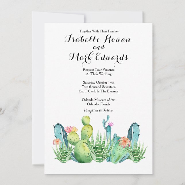 Blue Green Watercolor Cactus Wedding Invitation Einladung (Vorderseite)