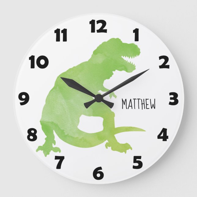 Blue Green Watercolor Dinosaurier Personalisiert K Große Wanduhr (Vorderseite)