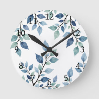 Blue Green Watercolor Leaves Botanical Design 376 Runde Wanduhr