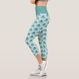 Blue Green Wave Circles Art Pattern Capri Leggings