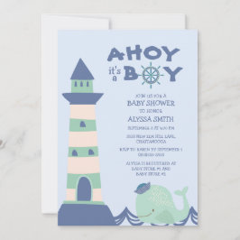 Blue Green Whale Lighthouse Ahoy Boy Baby Dusche Einladung