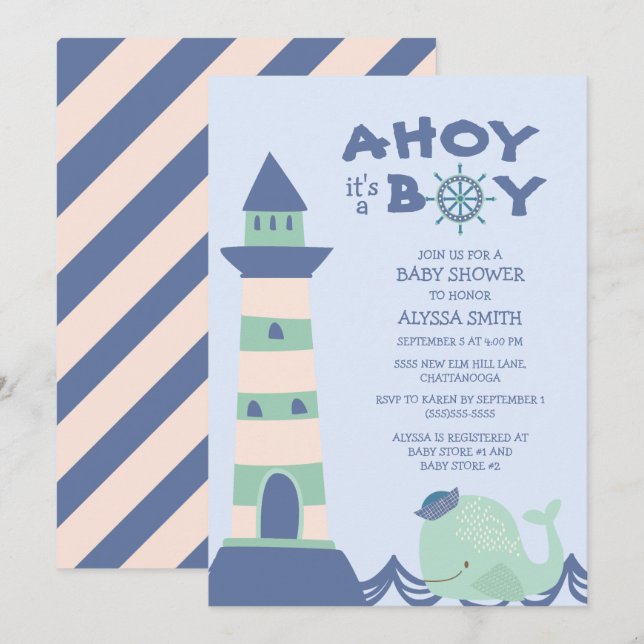 Blue Green Whale Lighthouse Ahoy Boy Baby Dusche Einladung (Vorne/Hinten)