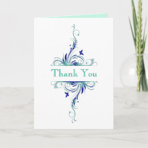 Blue Green White Aqua Floral PHOTO Carte de remerc
