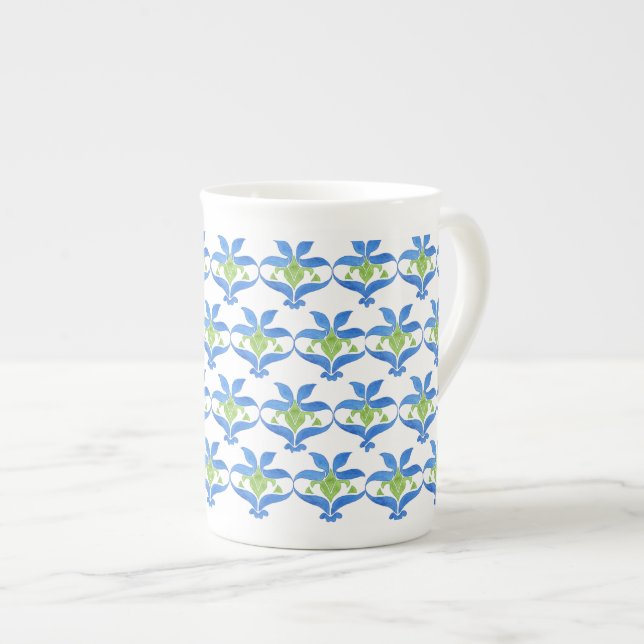 Blue Green White Art Nouveau Pattern China Tasse (Vorderseite Rechts)