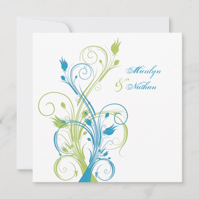 Blue Green White Floral Sq. Einladung zur Hochzeit (Vorderseite)
