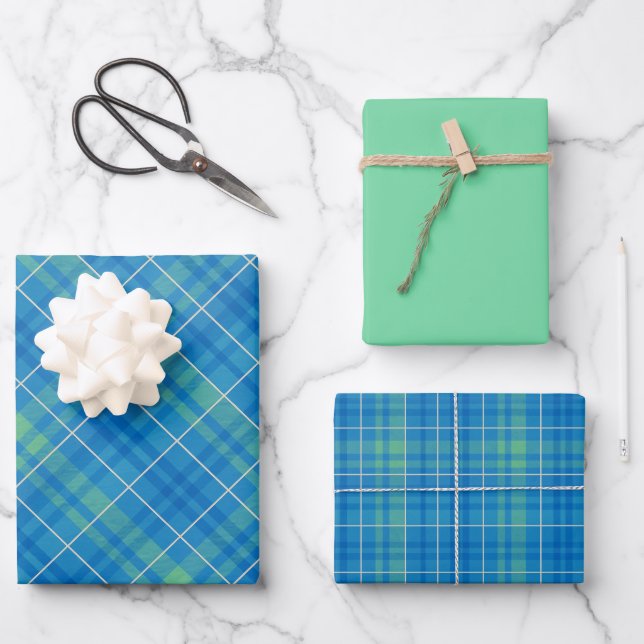 Blue, Green & White Plaid Geschenkpapier Set (Vorderseite)