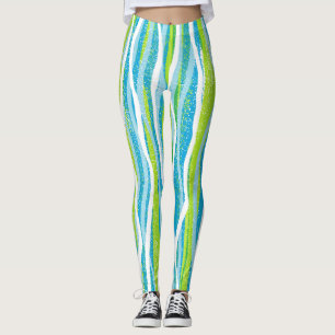 Blue Green White Strip Quality Workout Leggings