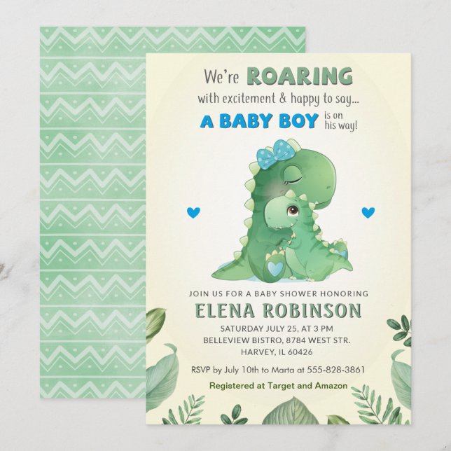 Blue Green Wild Dinosaur Baby Boy Dusche Sprinkle Einladung (Vorne/Hinten)