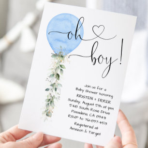 Blue Greenery Balloon Baby Shower Einladung