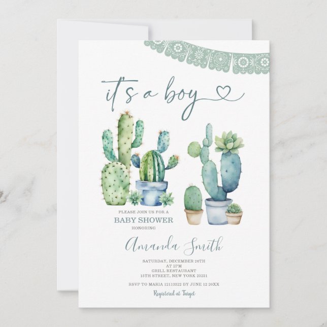 Blue Greenery Cactus Floral Es ist eine Baby-Dusch Einladung (Vorderseite)