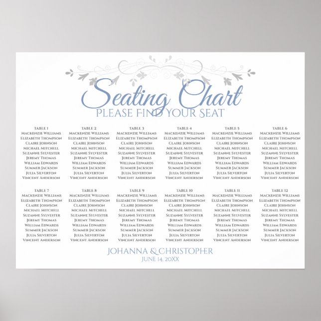 Blue & Grey 12 Table Wedding Seating Chart Poster (Vorne)