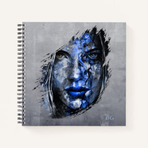 Blue Grey Bad Girl Gesicht und Monogramm Notizbuch