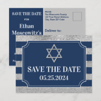 Blue, Grey Bar Mitzvah Enregistrer la date Carte p