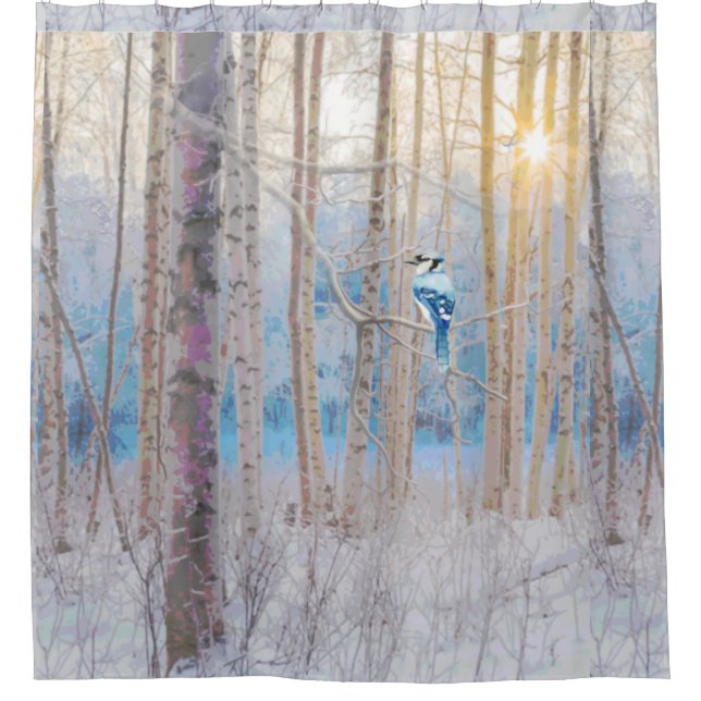 Blue Grey Blue Jay Bird Forest Trees Art Duschvorhang (Vorderseite)