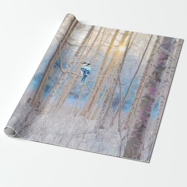 Blue Grey Blue Jay Bird Forest Trees Art Geschenkpapier (Ungerollt)