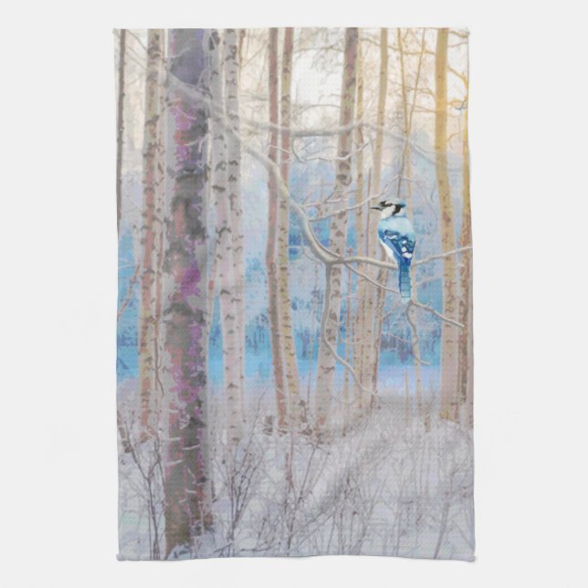 Blue Grey Blue Jay Bird Forest Trees Art Geschirrtuch (Vertikal)