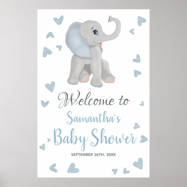 Blue Grey Boy Elephant Baby shower Affiche de bien (Devant)