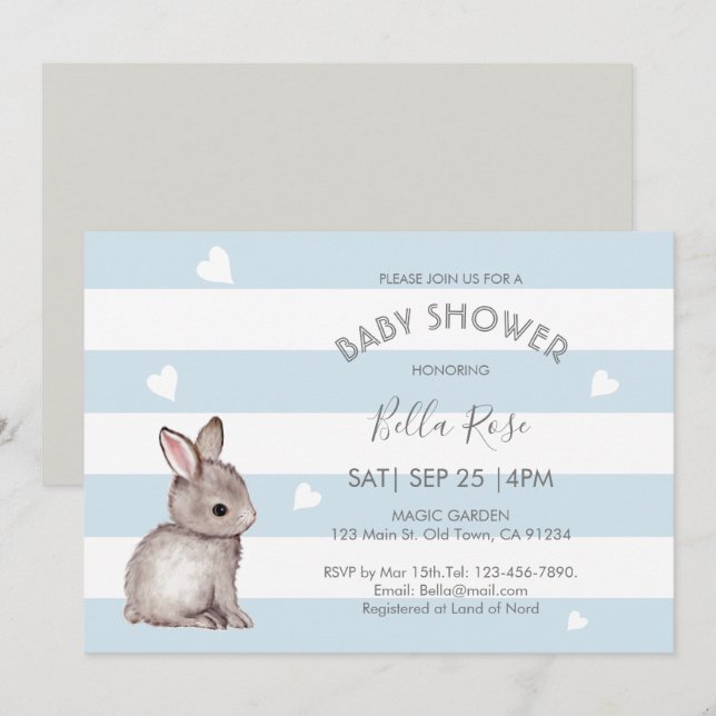 Blue Grey Bunny Baby Douche Invitations (Devant / Derrière)