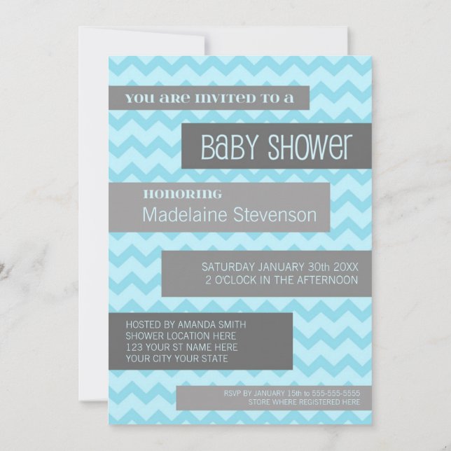 Blue Grey Chevron Custom Baby Shower Invitations (Dos)