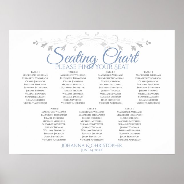 Blue & Grey Elegant 7 Table Wedding Seating Chart Poster (Vorne)