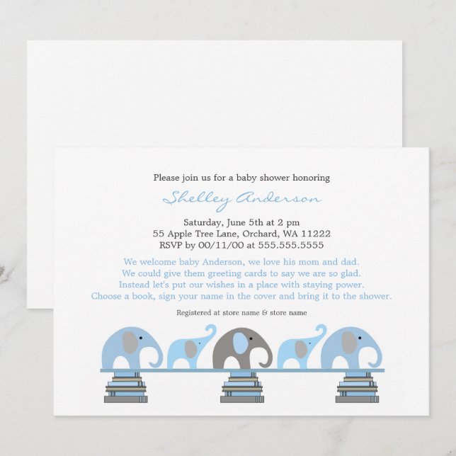 Blue Grey Elephant Baby Shower Einladungen (Vorne/Hinten)