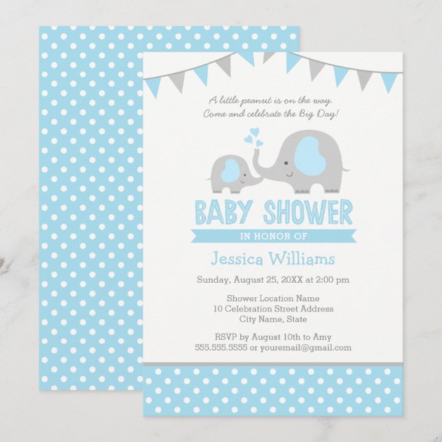 Blue Grey Elephant Baby Shower Einladungen für Jun (Vorne/Hinten)
