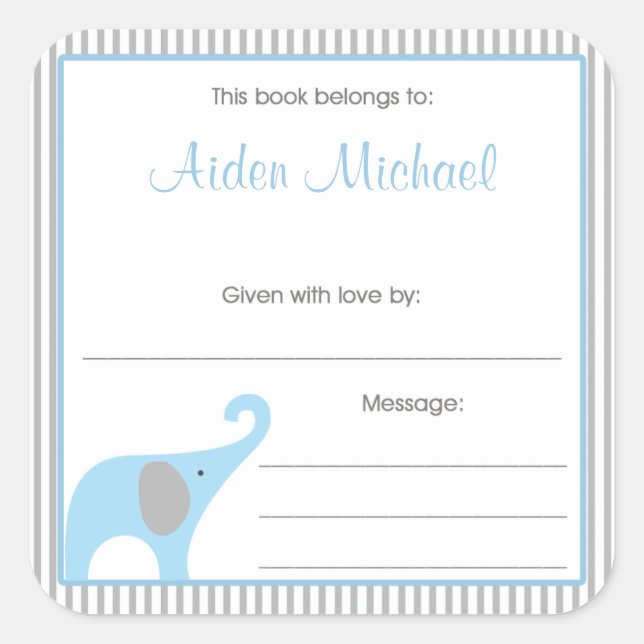 Blue & Grey Elephant Pinstripe Buchplatte Quadratischer Aufkleber (Vorderseite)