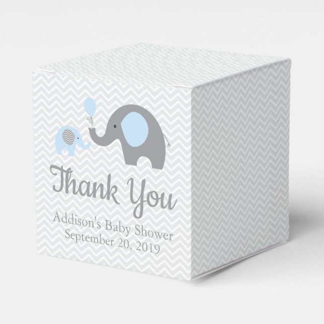 Blue Grey Elephant Themed Baby Dusche Gefälligkeit Geschenkschachtel (Vorderseite)