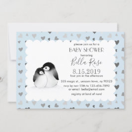 Blue Grey Hearts Penguins Baby Shower Invitations