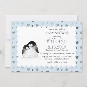 Blue Grey Hearts Pinguins Baby Dusche Einladungen