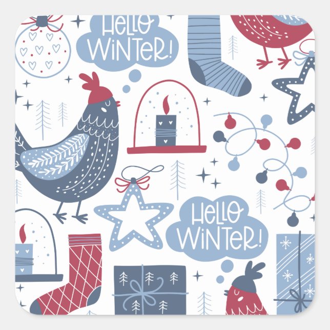 Blue Grey Hello Winter WeihnachtsIllustration Quadratischer Aufkleber (Vorderseite)