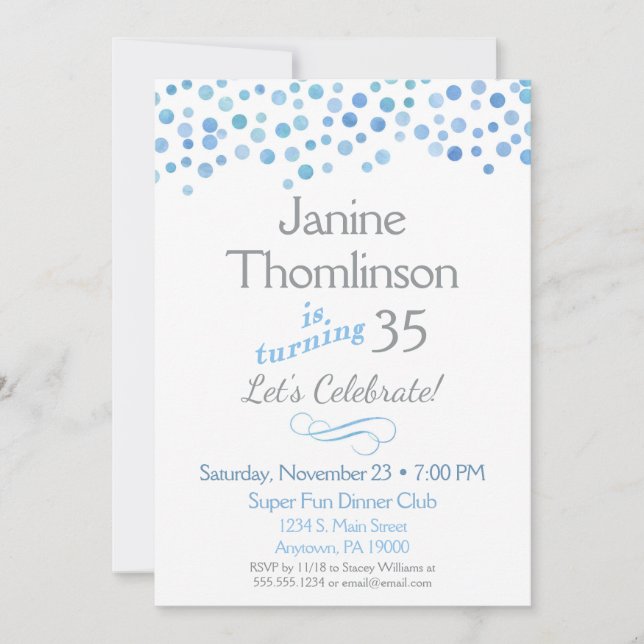Blue Grey Invitation Anniversaire Confetti Aquarel (Devant)