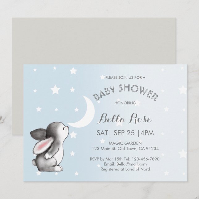 Blue Grey Lune Stars Bunny Baby Shower Invitations (Devant / Derrière)