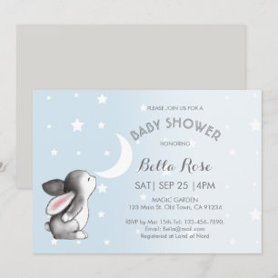 Blue Grey Lune Stars Bunny Baby Shower Invitations