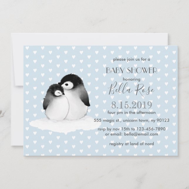 Blue Grey Penguins Coeurs Baby shower Invitation (Devant)