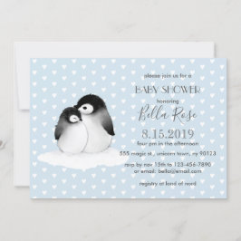 Blue Grey Penguins Coeurs Baby shower Invitation