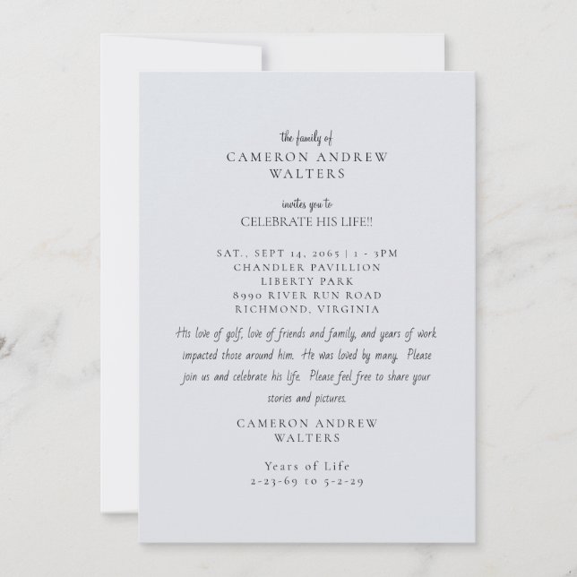 Blue Grey Photo Celebration of Life Einladung (Vorderseite)