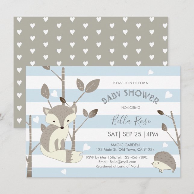 Blue Grey Woodland Fox Igel Baby Showcard Einladung (Vorne/Hinten)