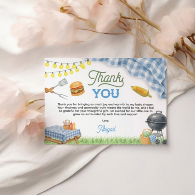 Blue GRILLEN Baby Shower 5x3.5 Dankeskarte (Blue BBQ Baby Shower 5x3.5 Thank You Card)