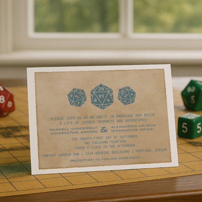 Blue Grunge D20 Dice Gamer Wedding Einladung (Blue Grunge D20 Dice Gamer Wedding Invitation)