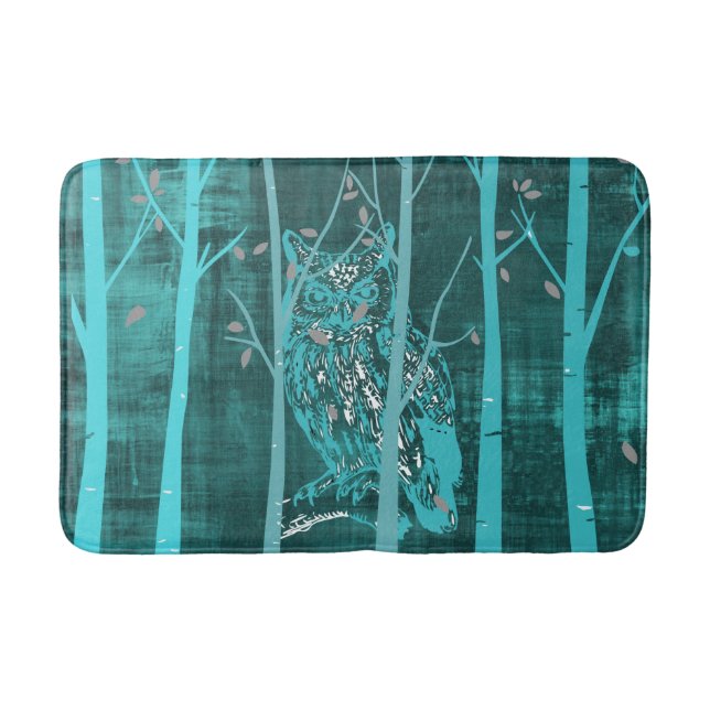 Blue Grunge Woodland Owl Art Badematte (Vorderseite)