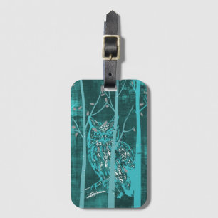 Blue Grunge Woodland Owl Art Gepäckanhänger