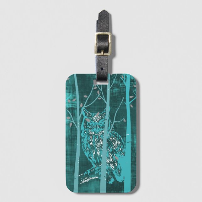 Blue Grunge Woodland Owl Art Gepäckanhänger (Vorderseite Vertikal)