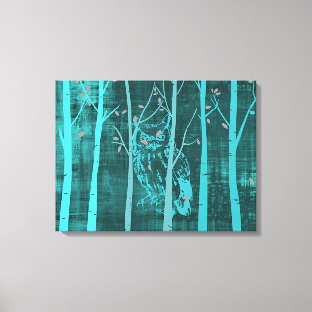 Blue Grunge Woodland Owl Leinwanddruck (Vorderseite)