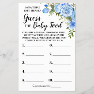 Blue Guess the Baby Food Dusche Spielkarte Flyer