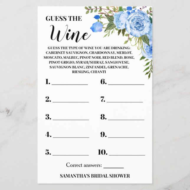 Blue Guess the Wine Couples Duschspielkarte Flyer (Vorne)