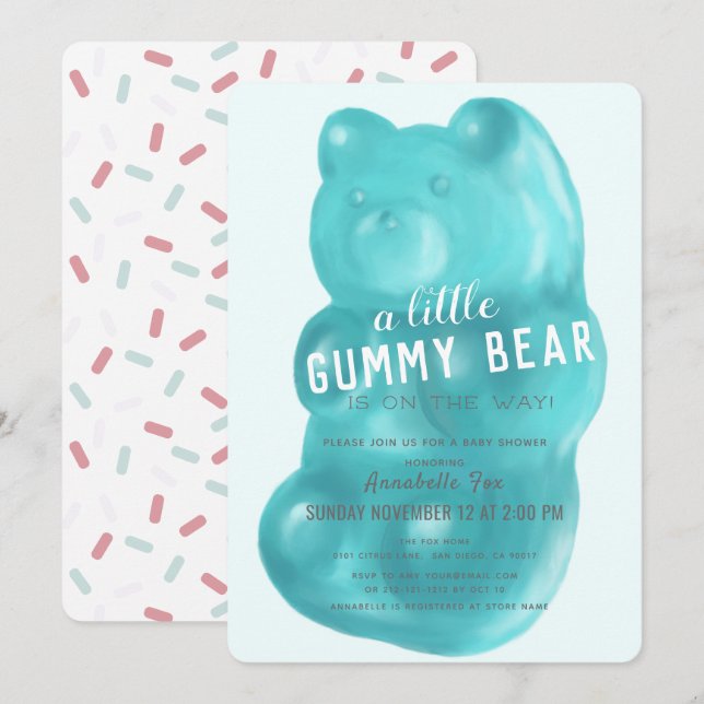 Blue Gummy Bear Boy Baby Dusche Einladung (Vorne/Hinten)