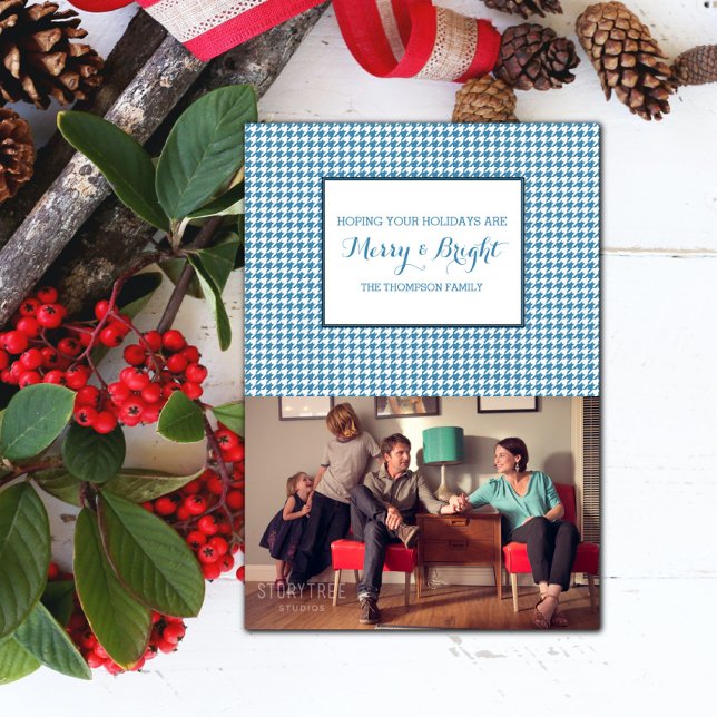 Blue Hahnentrittmuster Holiday Foto Card Einladung (Blue Houndstooth Holiday Photo Card)